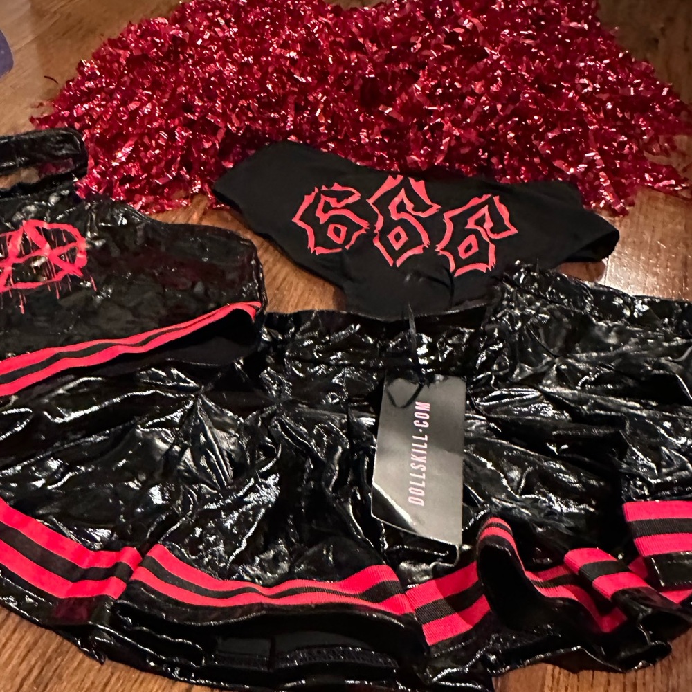 Dolls Kill Tricks n Treatz NWT Black and Red Cheerleader Costume with Pom Poms